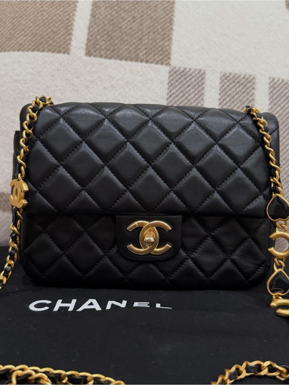 CHANEL 22K Coco Hearts Black Quilted Flap Crossbody with Gold Hardware - Picture 2 of 16